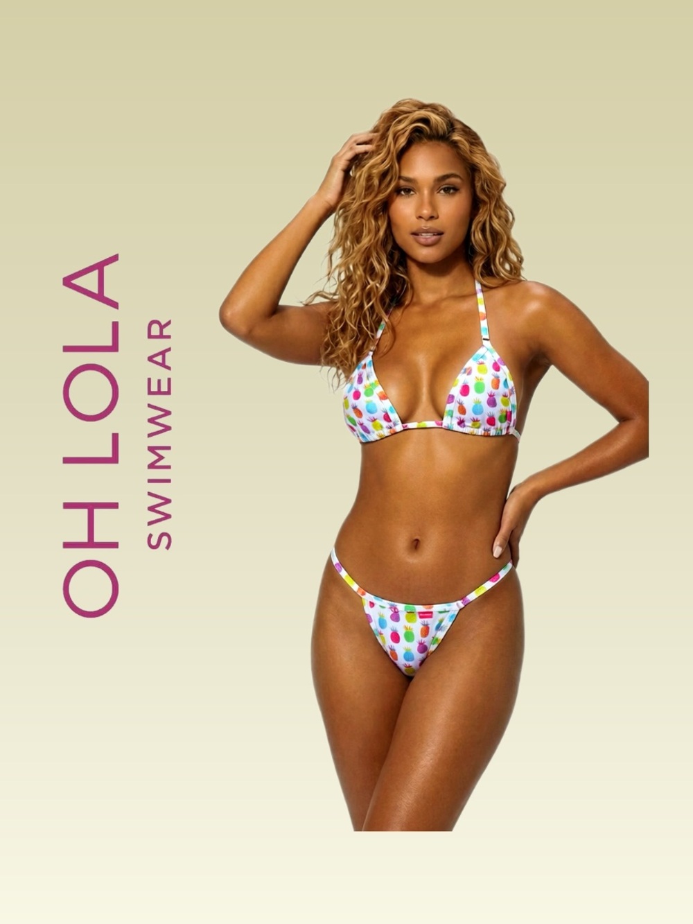 Oh Lola Swimwear Tropical Pineapple Micro Bikini, Multicolor Print / White, Sm